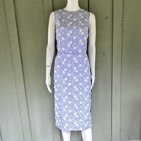 MAGGY LONDON Blue Striped Applique Daisy Sheath Dress 10/12 - Picture 1 of 5